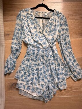 Floral Wrap Romper in Cream and Light Blue